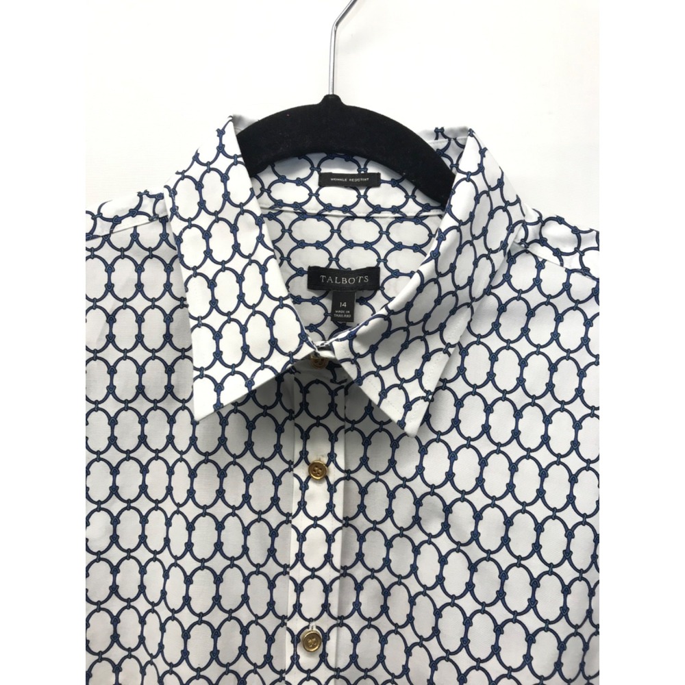 Talbots White Blue‎ Chain Print Wrinkle Resistant Button Front Shirt Size 14 NEW - Picture 4 of 9